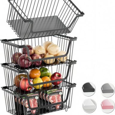 4 Pcs Stackable Wire Baskets for Pantry Organizers and Storage,Vegetable Fruit Basket for Countertop,Kitchen Storage Metal Baskets,Produce Potato Onion Storage Bin,Black