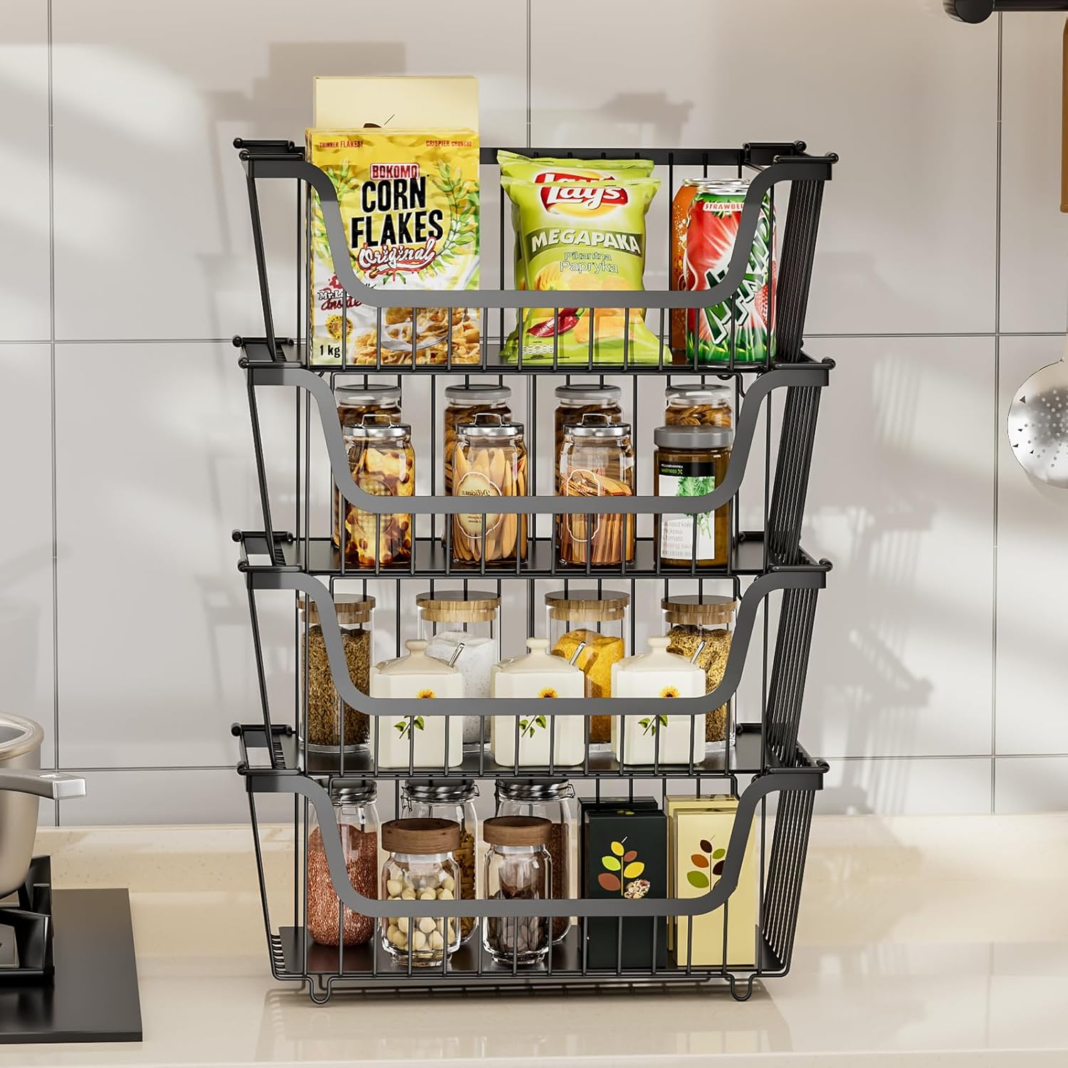 4 Pcs Stackable Wire Baskets for Pantry Organizers and Storage,Vegetable Fruit Basket for Countertop,Kitchen Storage Metal Baskets,Produce Potato Onion Storage Bin,Black - Image 8