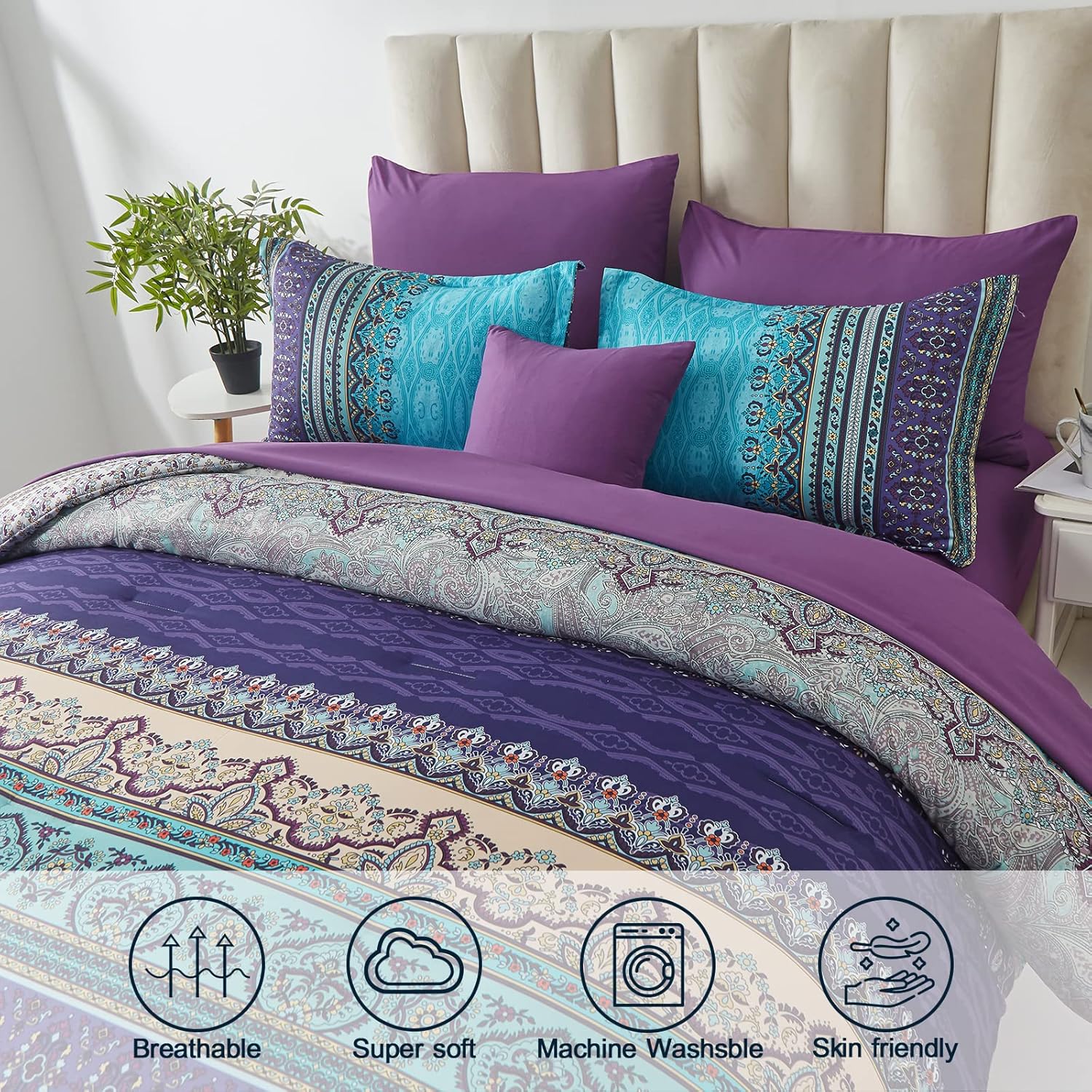 Boho Comforter Set Queen Size 8 Piece Bed in a Bag Bohemian Striped Bedding Quilt Set Aqua Paisley Floral Comforter and Sheet Set,Soft Microfiber Complete Bedding Sets for All Season - Image 2