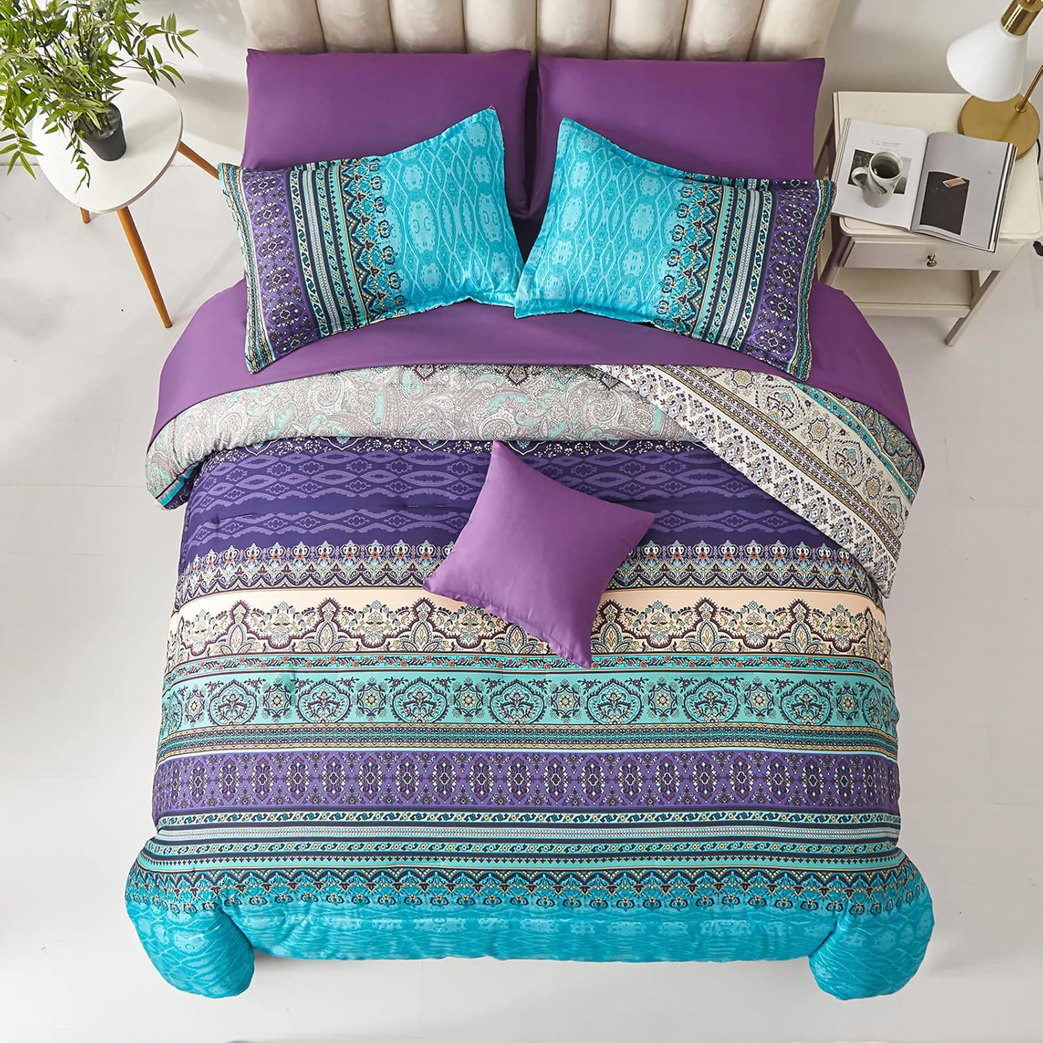 Boho Comforter Set Queen Size 8 Piece Bed in a Bag Bohemian Striped Bedding Quilt Set Aqua Paisley Floral Comforter and Sheet Set,Soft Microfiber Complete Bedding Sets for All Season - Image 3