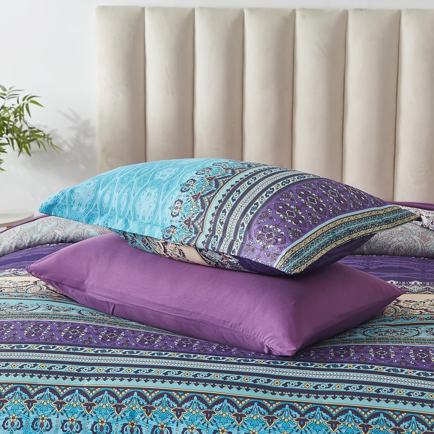 Boho Comforter Set Queen Size 8 Piece Bed in a Bag Bohemian Striped Bedding Quilt Set Aqua Paisley Floral Comforter and Sheet Set,Soft Microfiber Complete Bedding Sets for All Season - Image 5