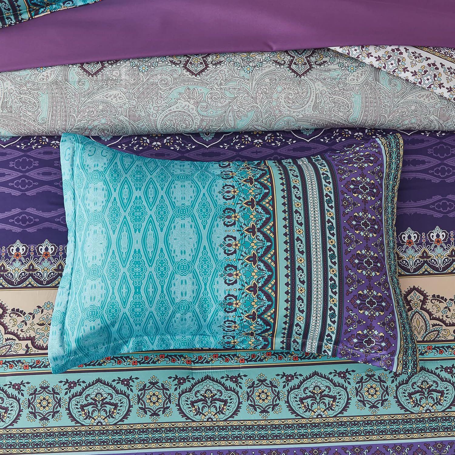 Boho Comforter Set Queen Size 8 Piece Bed in a Bag Bohemian Striped Bedding Quilt Set Aqua Paisley Floral Comforter and Sheet Set,Soft Microfiber Complete Bedding Sets for All Season - Image 6