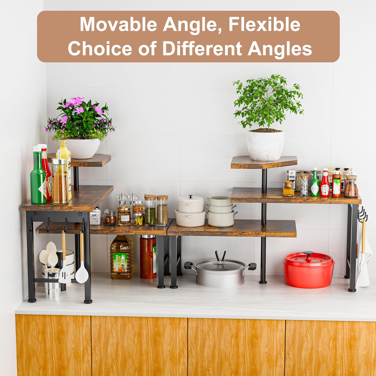 Kitchen Countertop Organizer, 3 Tier Moveable Corner Shelf Kitchen Shelf with Hook, Countertop Organizer for Bathroom, Spice Rack, Bookshelf, Coffee Area, Dresser Table (Brown) - Image 2