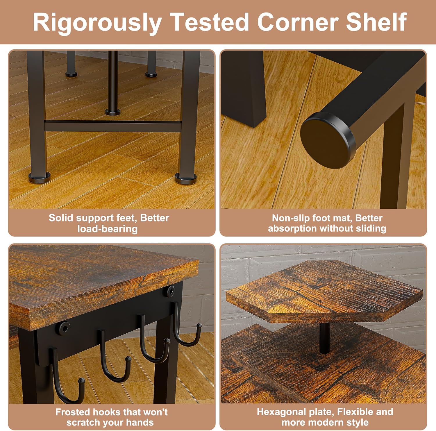 Kitchen Countertop Organizer, 3 Tier Moveable Corner Shelf Kitchen Shelf with Hook, Countertop Organizer for Bathroom, Spice Rack, Bookshelf, Coffee Area, Dresser Table (Brown) - Image 3