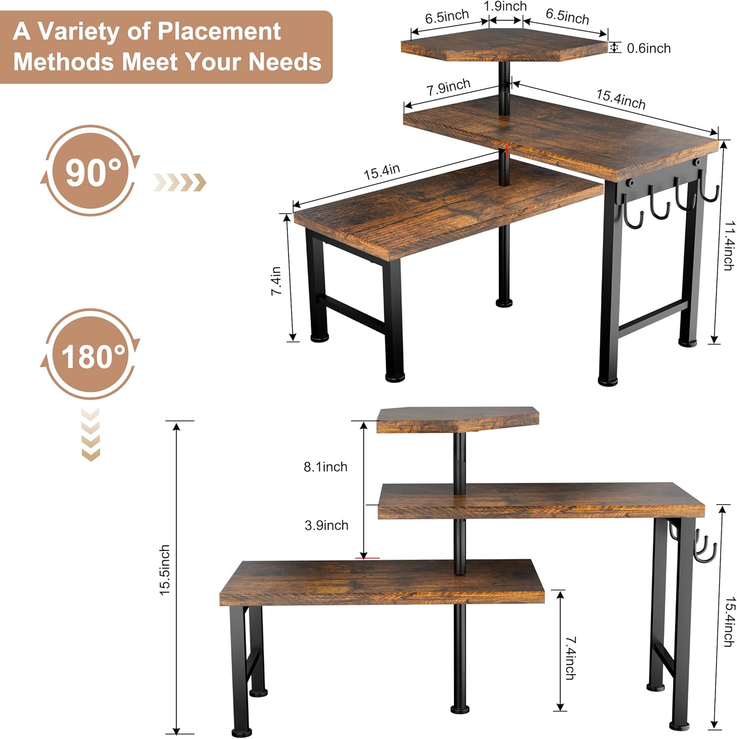 Kitchen Countertop Organizer, 3 Tier Moveable Corner Shelf Kitchen Shelf with Hook, Countertop Organizer for Bathroom, Spice Rack, Bookshelf, Coffee Area, Dresser Table (Brown) - Image 4