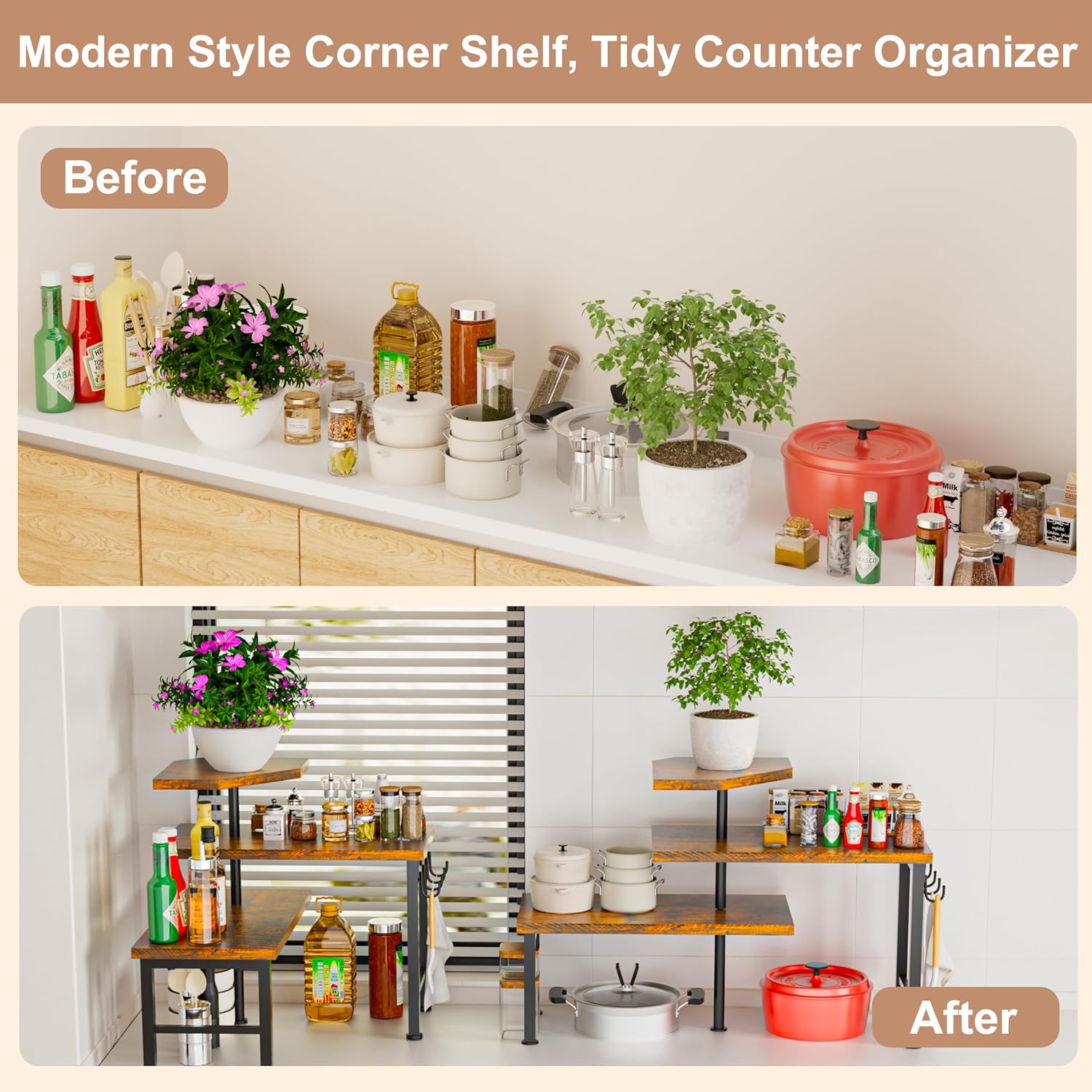 Kitchen Countertop Organizer, 3 Tier Moveable Corner Shelf Kitchen Shelf with Hook, Countertop Organizer for Bathroom, Spice Rack, Bookshelf, Coffee Area, Dresser Table (Brown) - Image 5