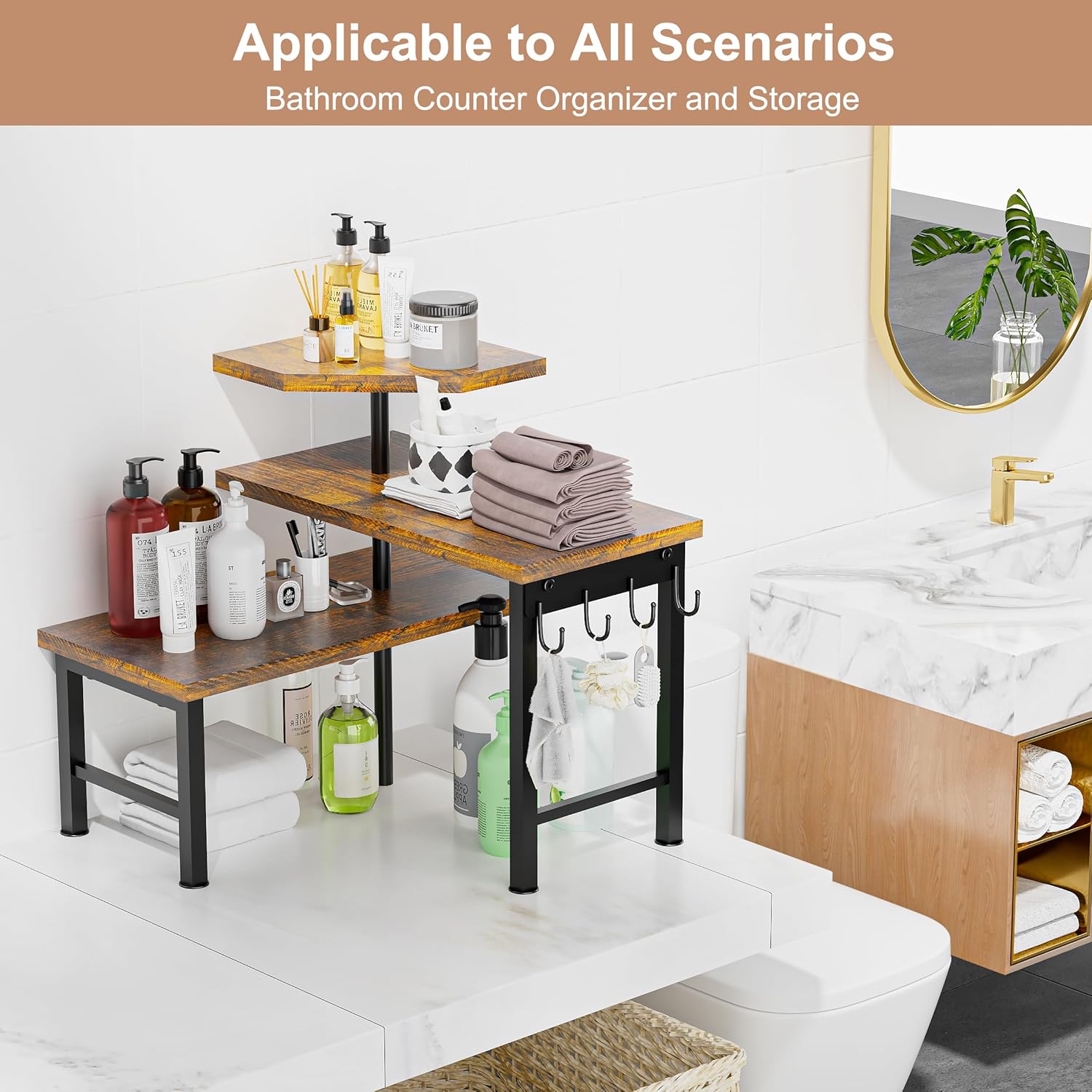 Kitchen Countertop Organizer, 3 Tier Moveable Corner Shelf Kitchen Shelf with Hook, Countertop Organizer for Bathroom, Spice Rack, Bookshelf, Coffee Area, Dresser Table (Brown) - Image 6