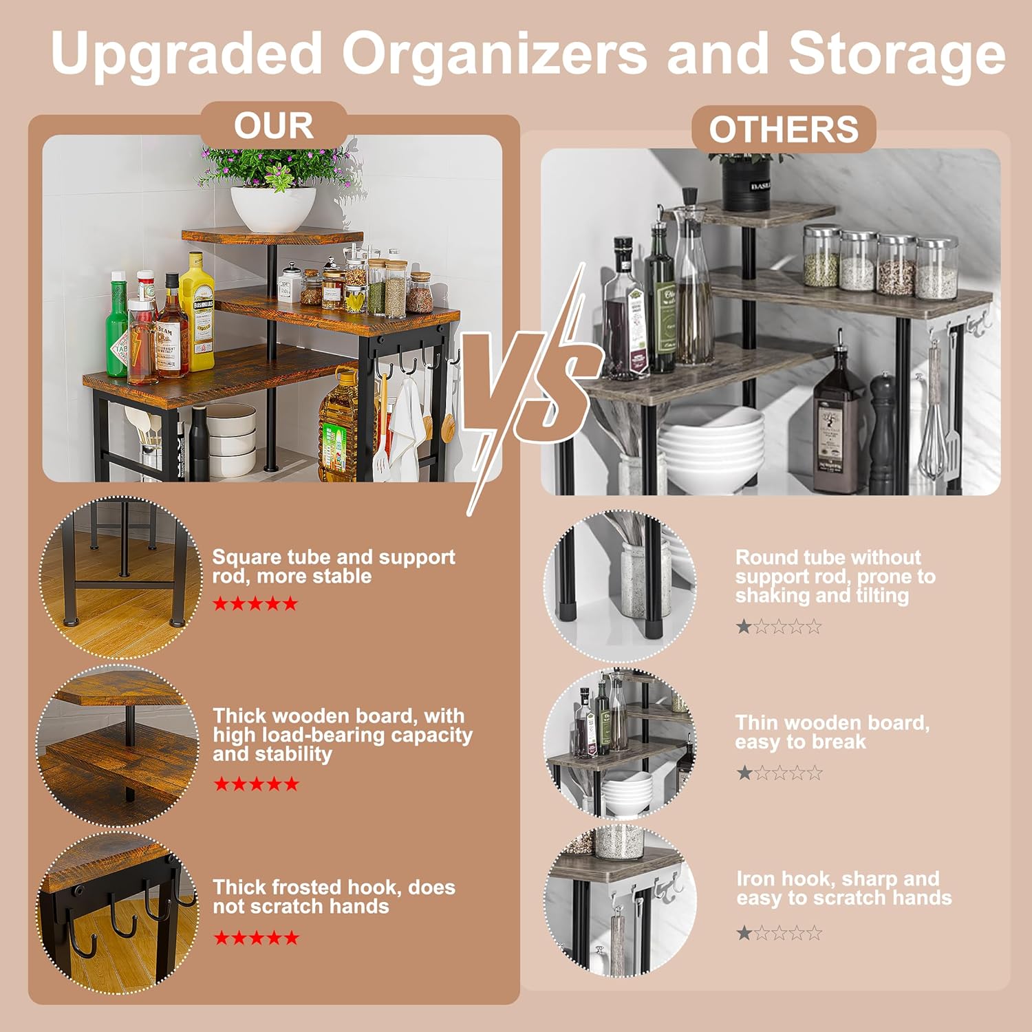 Kitchen Countertop Organizer, 3 Tier Moveable Corner Shelf Kitchen Shelf with Hook, Countertop Organizer for Bathroom, Spice Rack, Bookshelf, Coffee Area, Dresser Table (Brown) - Image 7