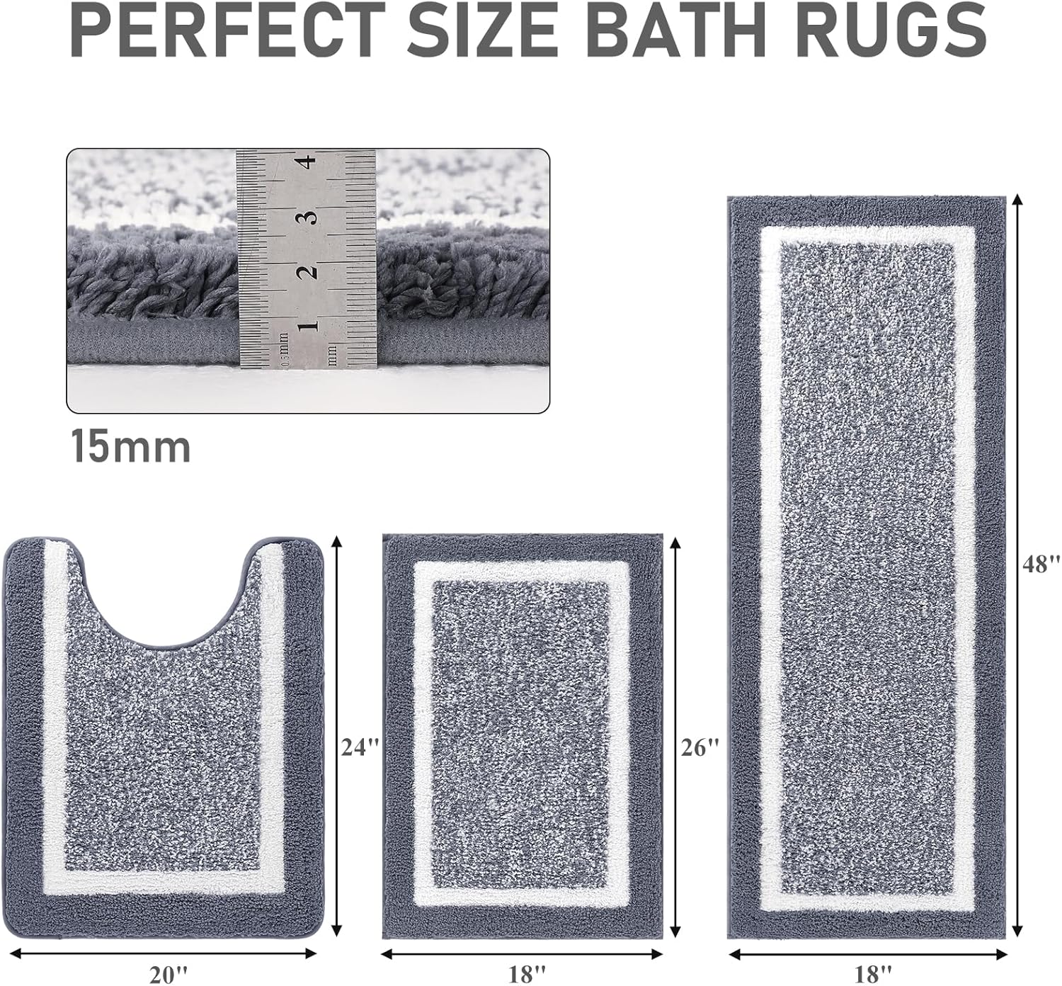 Pauwer Bathroom Rug Mat Set 3 Piece, Microfiber Shaggy Bath Set, Non-Slip Ultra Soft Carpet Mats, Absorbent with U-Shaped Toilet for Bathroom, Tub, Shower, Dark Grey - Image 2
