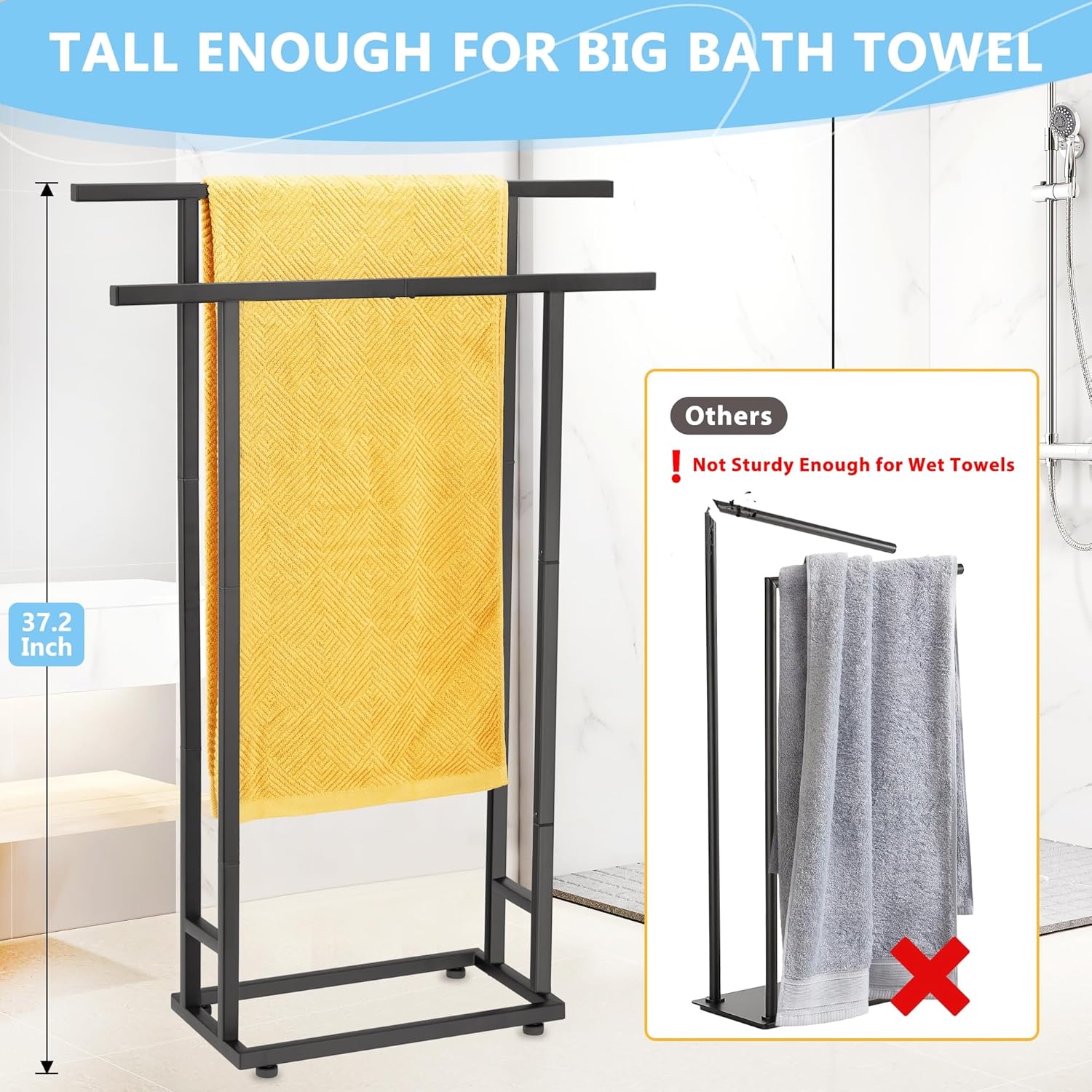 Standing Towel Racks for Bathroom, 2 Tier Bathroom Floor Free Standing Towel Rack, Tall Enough Pool Bath Drying and Dispaly Outdoor Stand for Storage, Black Freestanding Blanket Holder, ALHAKIN - Image 2