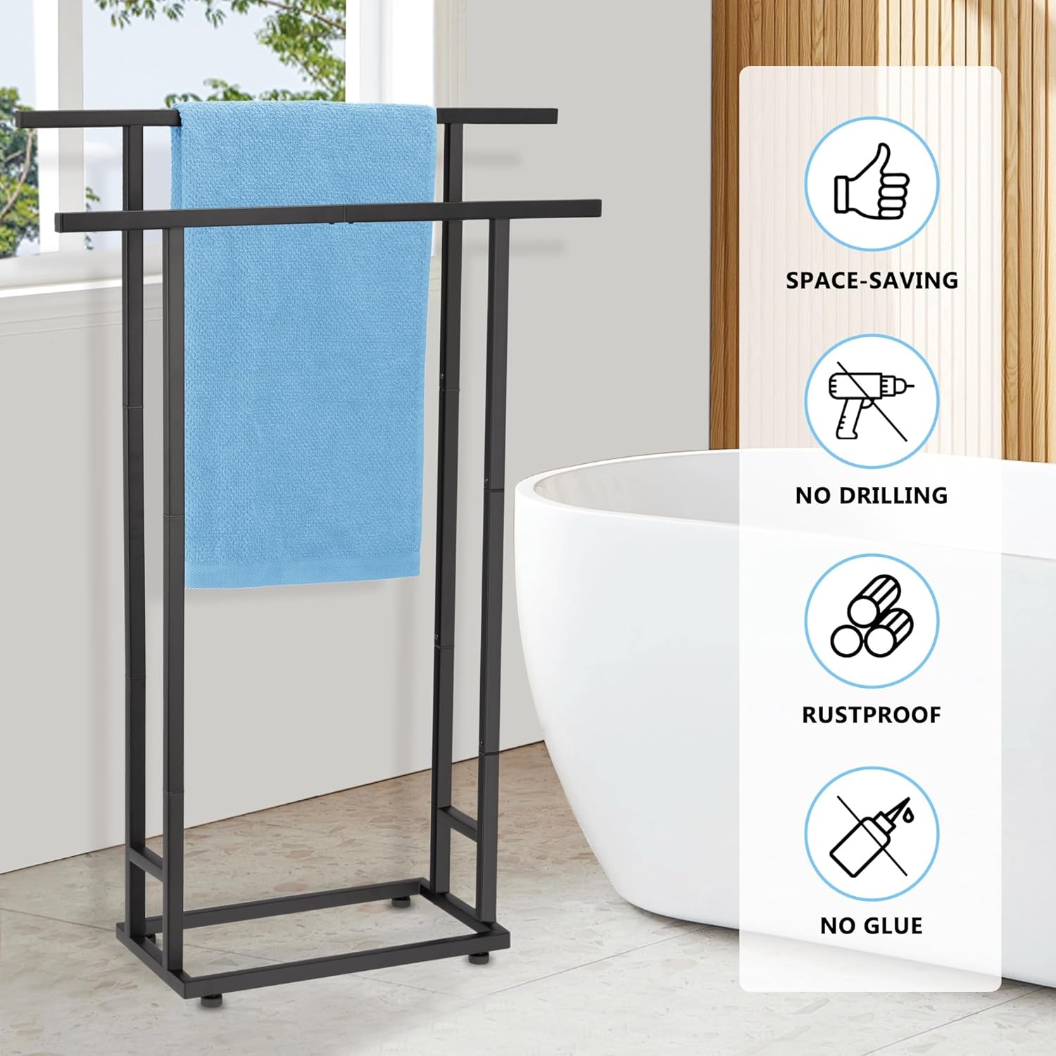 Standing Towel Racks for Bathroom, 2 Tier Bathroom Floor Free Standing Towel Rack, Tall Enough Pool Bath Drying and Dispaly Outdoor Stand for Storage, Black Freestanding Blanket Holder, ALHAKIN - Image 4