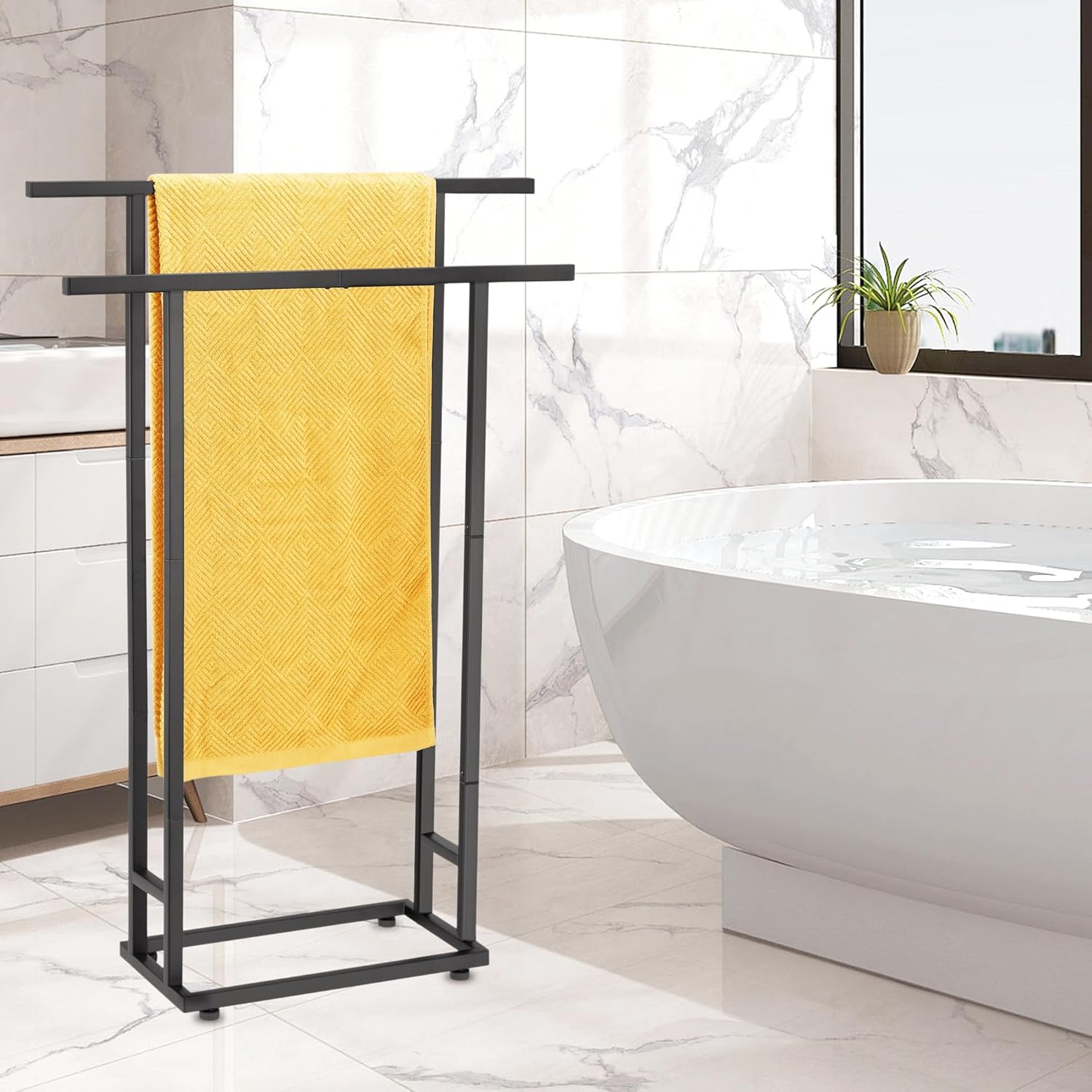 Standing Towel Racks for Bathroom, 2 Tier Bathroom Floor Free Standing Towel Rack, Tall Enough Pool Bath Drying and Dispaly Outdoor Stand for Storage, Black Freestanding Blanket Holder, ALHAKIN - Image 6